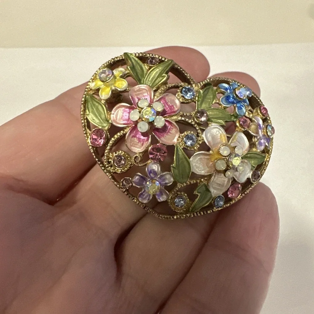 Flower Heart Brooch Multi color‎ Rhinestone Pastel Enamel Gold Tone Heart Brooch
